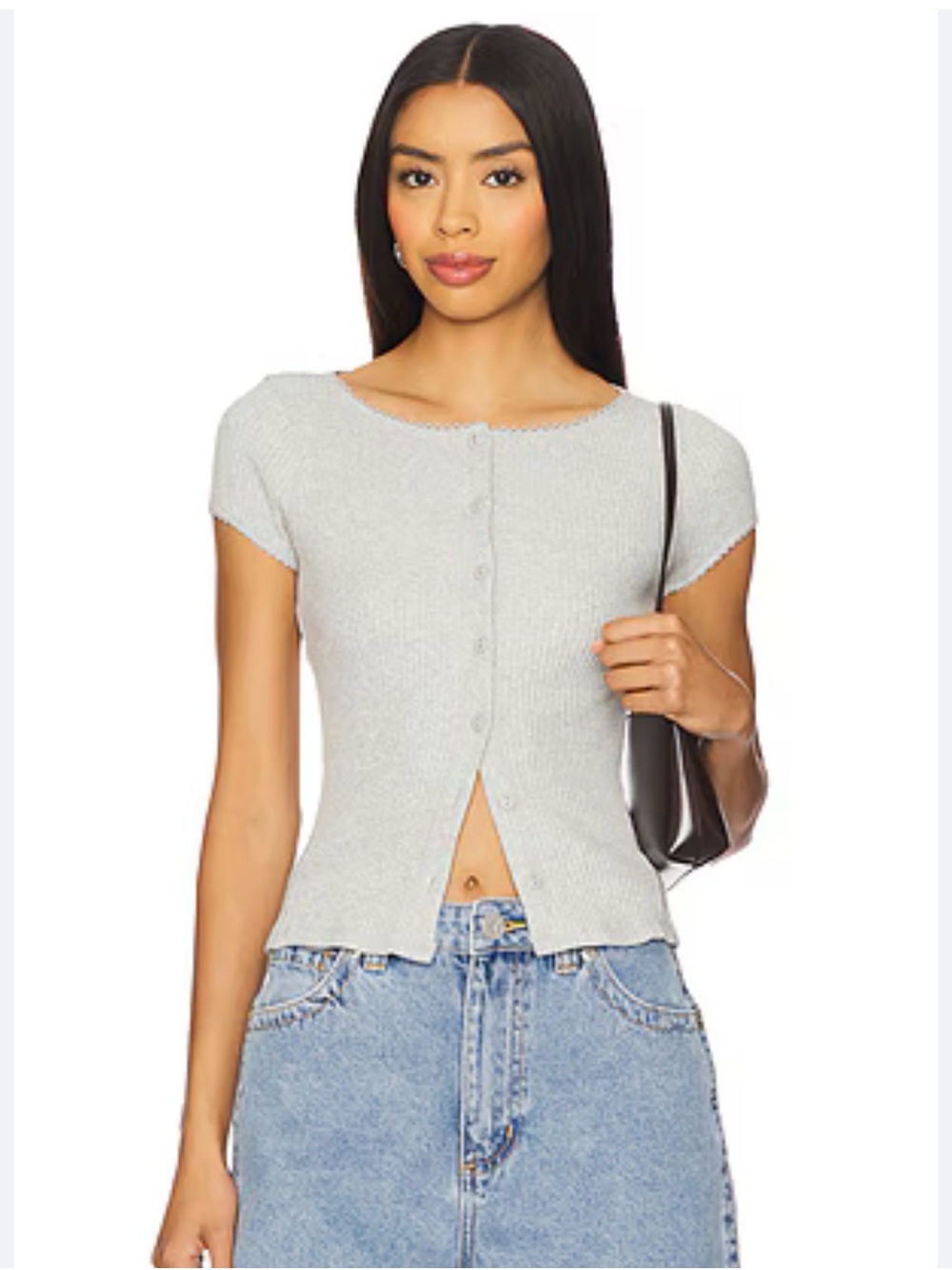 Free People Heather Gray Ribbed Button-Up Cropped Tee